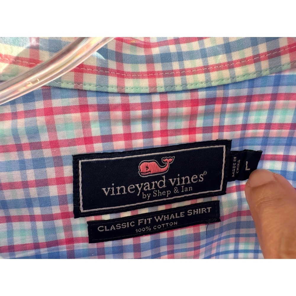 Vineyard Vines Men's Plaid Whale Logo Long Sleeve Button Down Shirt Blue Pink L